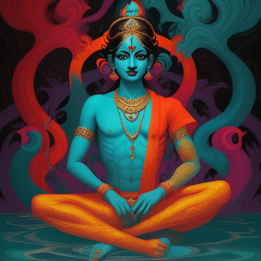 AI generated: a lord Krishna in vibrant color sitting by the water, in the style of casey weldon, ben templesmith,...