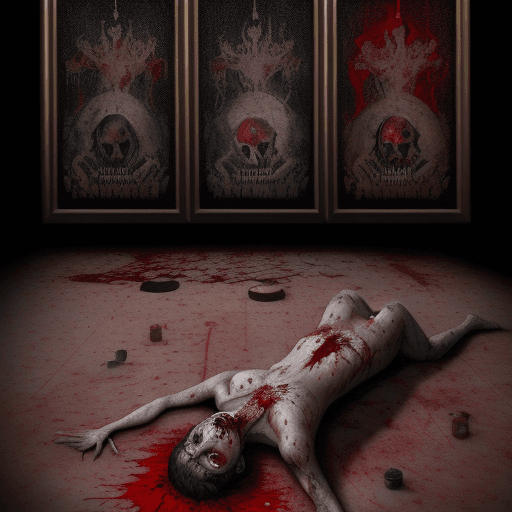 AI generated: A painted Hollywood set in on the carpet with blood and gut all over the place with dead bodies all ...