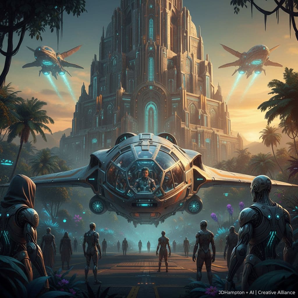 AI generated: 
Futuristic epic adventure, tartaria building in the background with mythological ancient flying sp...