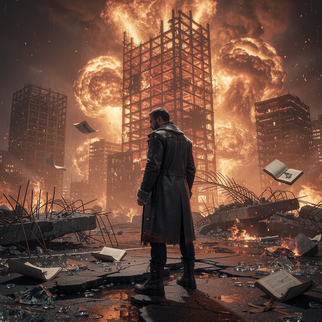 AI generated: Hyper-realistic, 8K resolution, towering skyscrapers reduced to skeletal frameworks engulfed in volc...