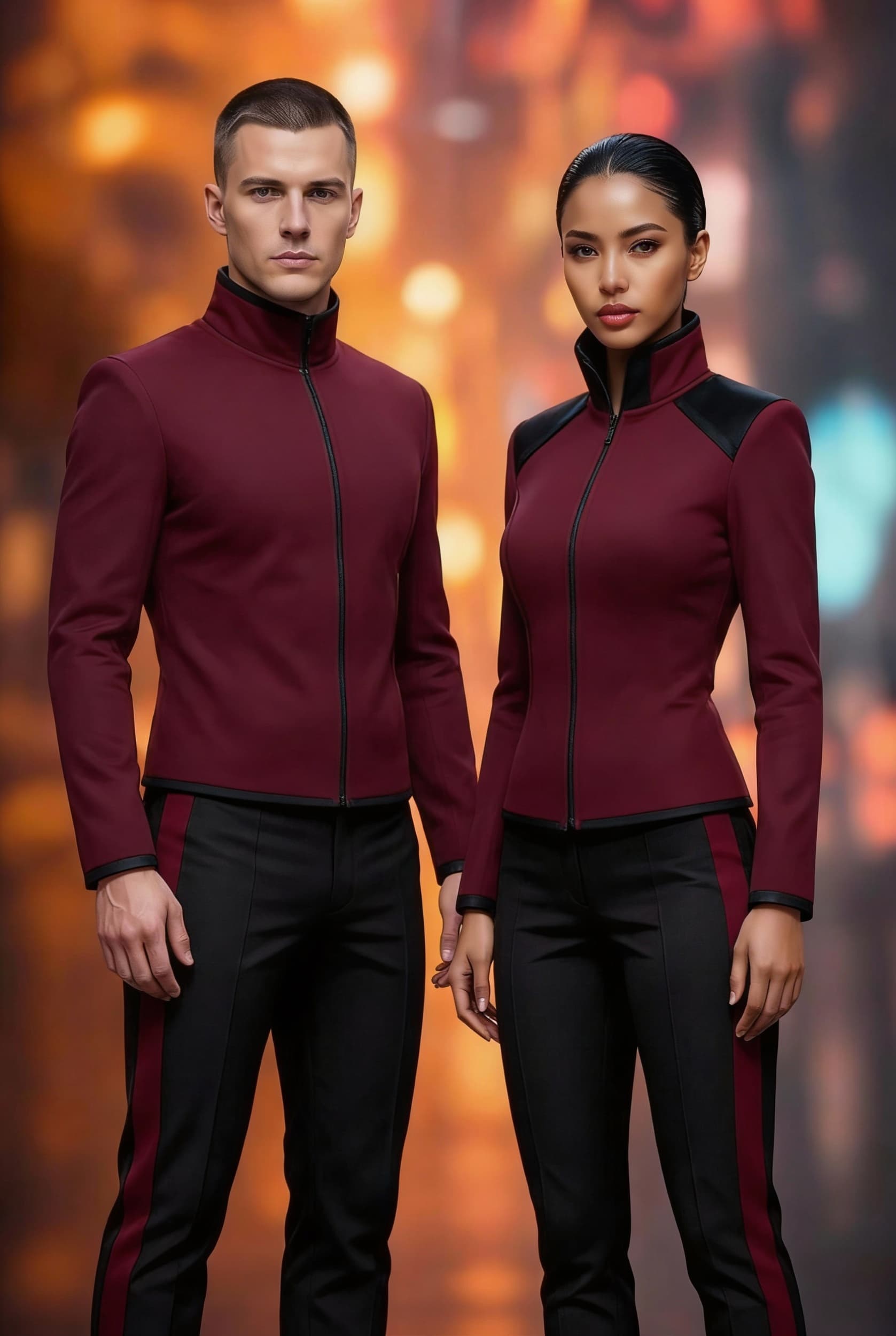 AI generated: Create a Sci-Fi uniform. Use the reference image and turn all blue to red. The color of the uniform ...