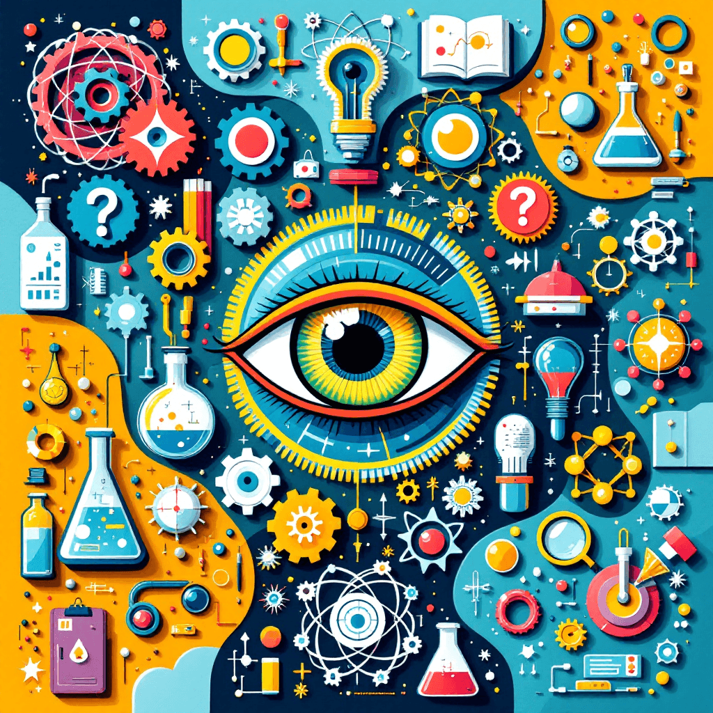 AI generated: A vibrant, detailed illustration featuring a central eye symbolizing observation and knowledge. The ...