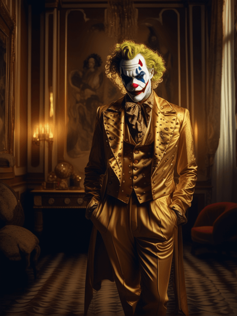 AI generated: Fashion photography of a joker, 1800s renaissance, clown makeup, editorial, insanely detailed and in...