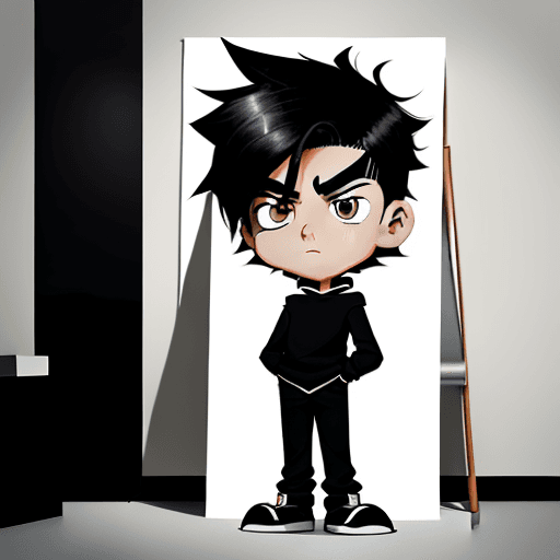 AI generated: Poster of a cartoon character drawn of a teenager, his hair is black,  wearing black ware, drawing s...