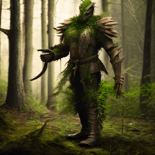 AI generated: High resolution photography. forest warrior with plant as a body. Heavy armor. Well lit. 