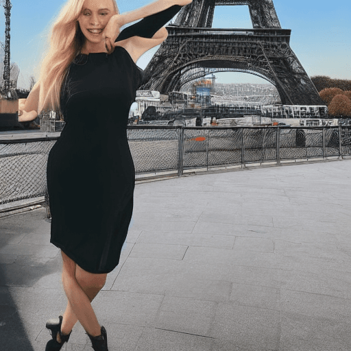 AI generated: Beautiful realistic blonde girl with dark brown eyes, woman in a stylish black dress, enjoying a nig...