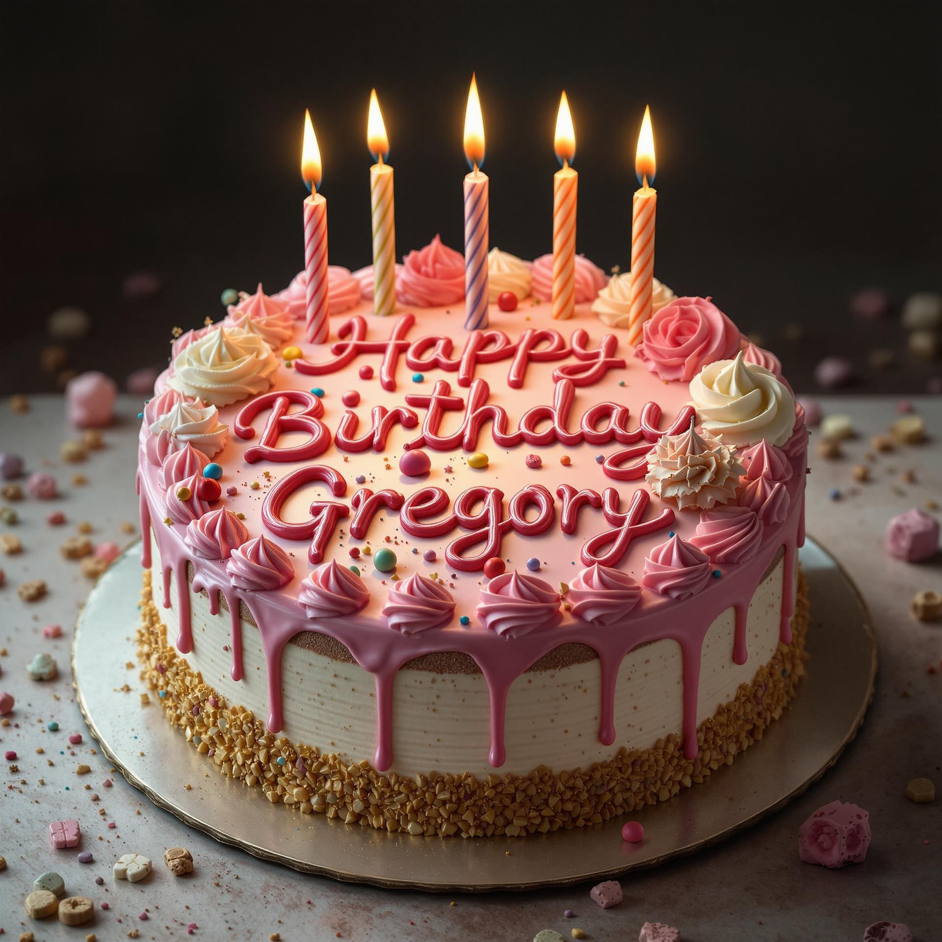 AI generated: hyper realism, high detail, cake, that says happy birthday Gregory on the icing, whole cake,
