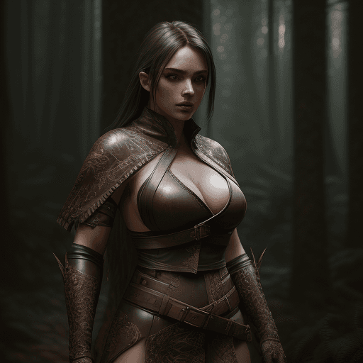 AI generated: Photo of a beautiful and seductive female hunter wearing leather and cloth attire, upper body, outdo...