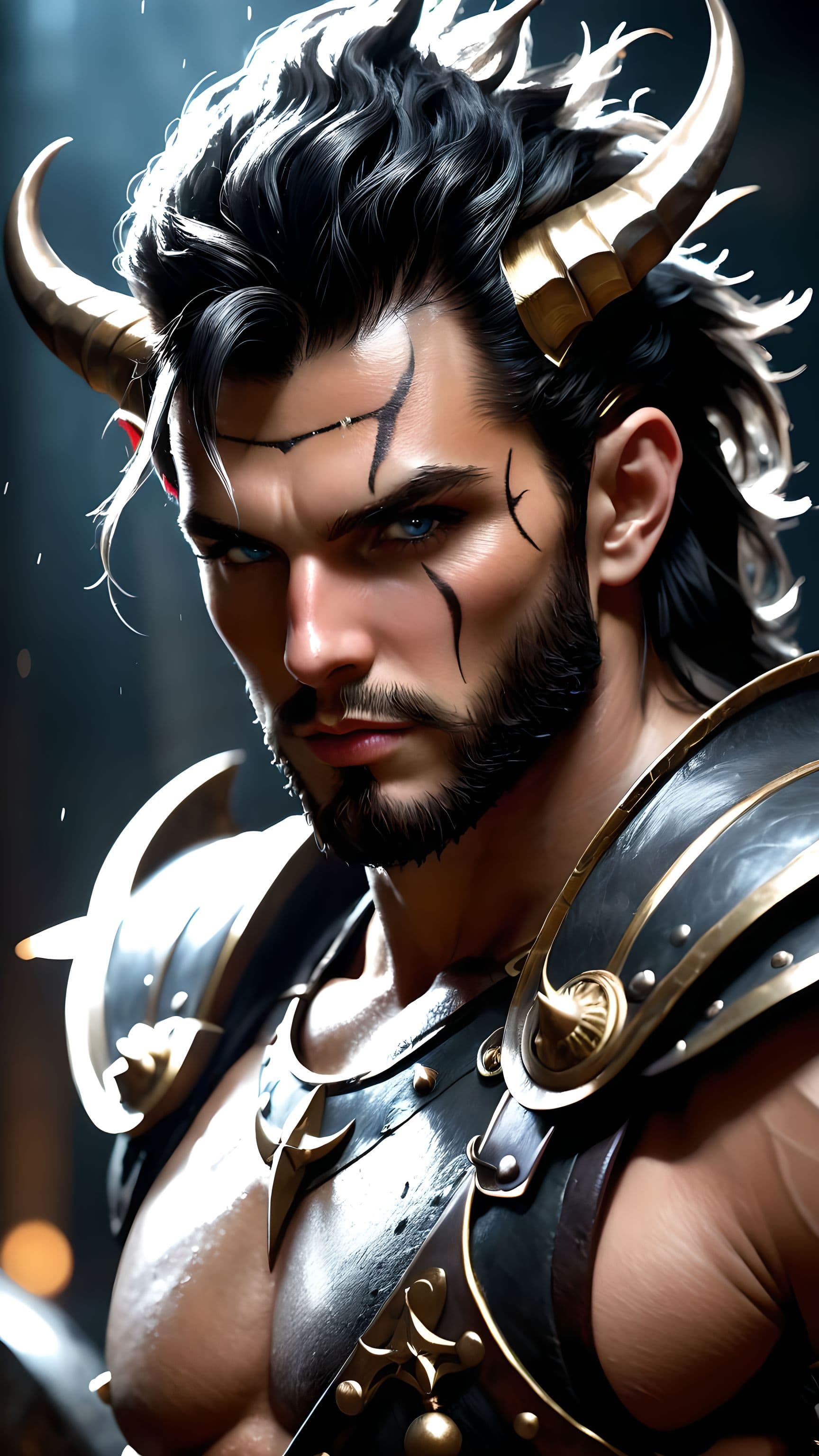 AI generated: A fierce warrior exuding raw intensity, his bold, horn-like hair sharply swept upwards in symmetrica...