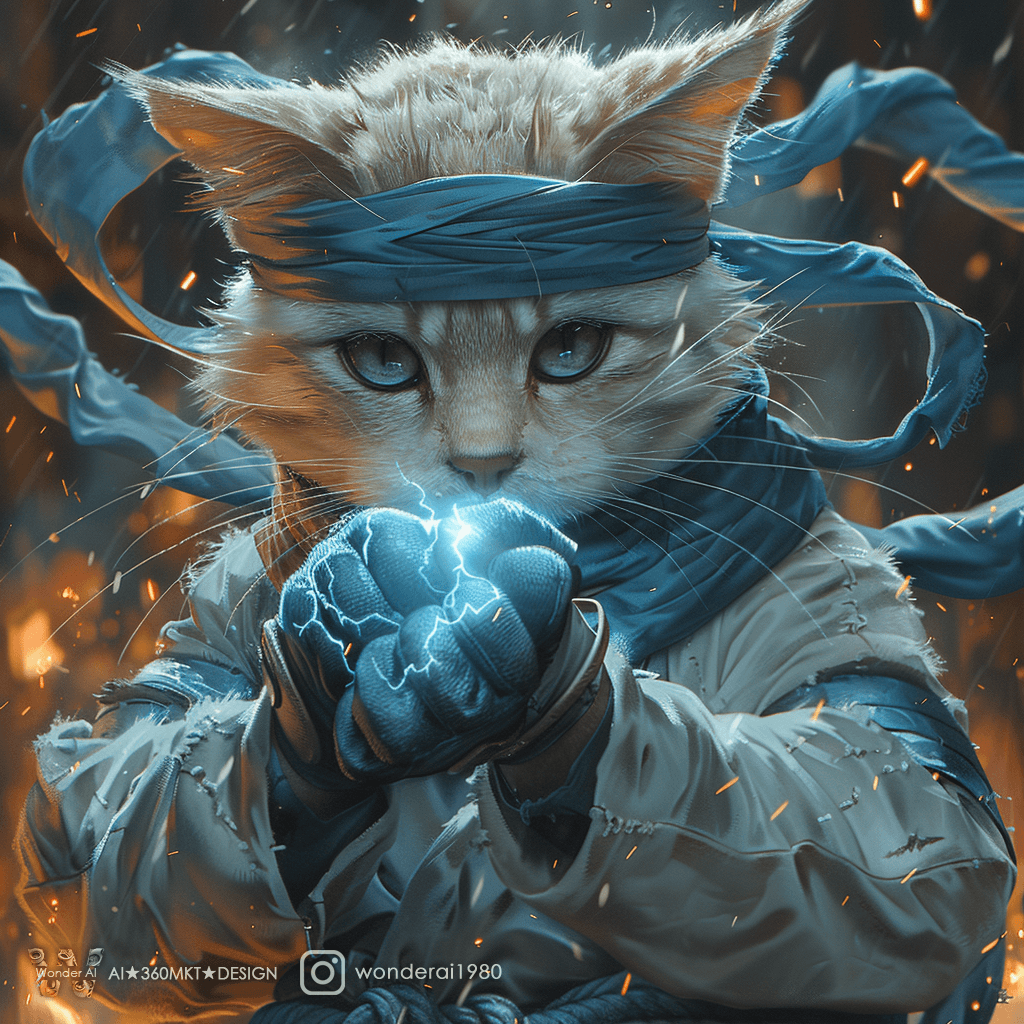 AI generated: an anthropomorphic cute cat wearing [ninja outfit : Gray ninja jacket, gray ninja pants, blue scale ...