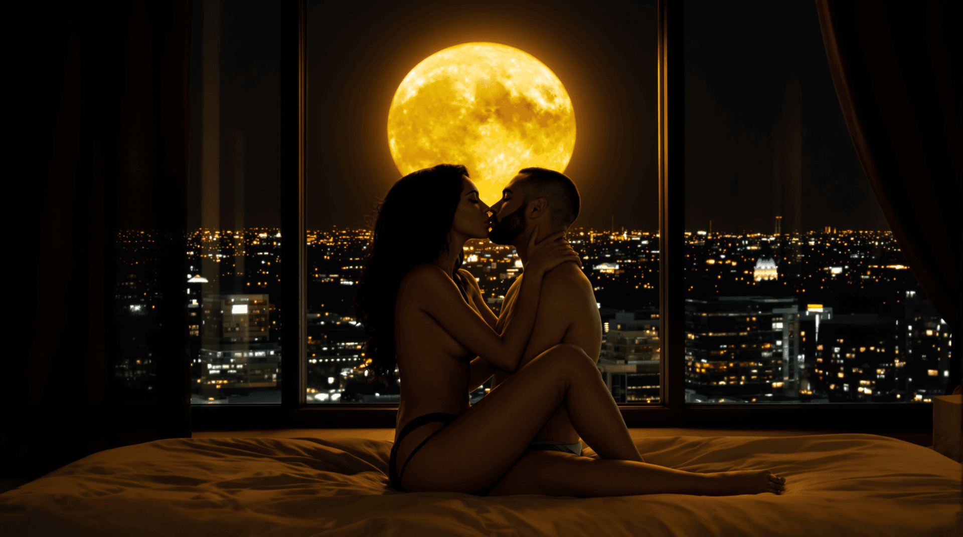 AI generated: image featuring a romantic, intimate scene set against a nighttime cityscape. A (nude) couple is sea...