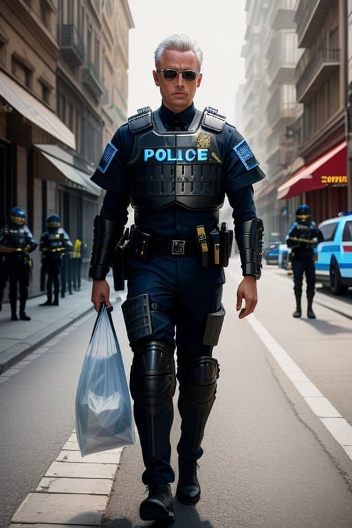 AI generated: (the collector carries a bag of money:1.2), (the bank and the street in the background:1.3), (police...