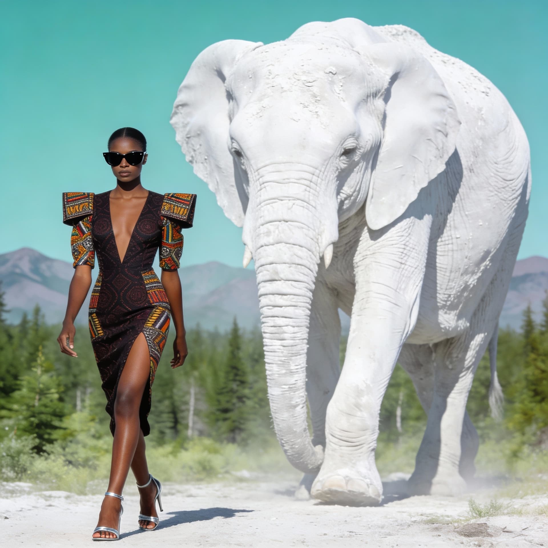 AI generated: {
  "scene": {
    "type": "editorial fashion surrealism",
    "location": "africa green land with d...