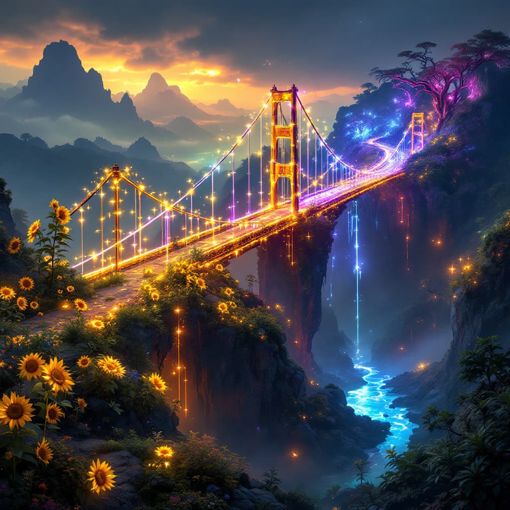AI generated: 
"Create an photorealistic pictue of a bridge made entirely out of glowing, colorful lights that con...
