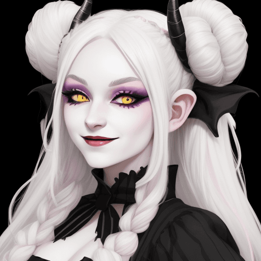 AI generated: YoungTiefling woman with a pastel dress, long white hair with two side buns and black stripes, and b...