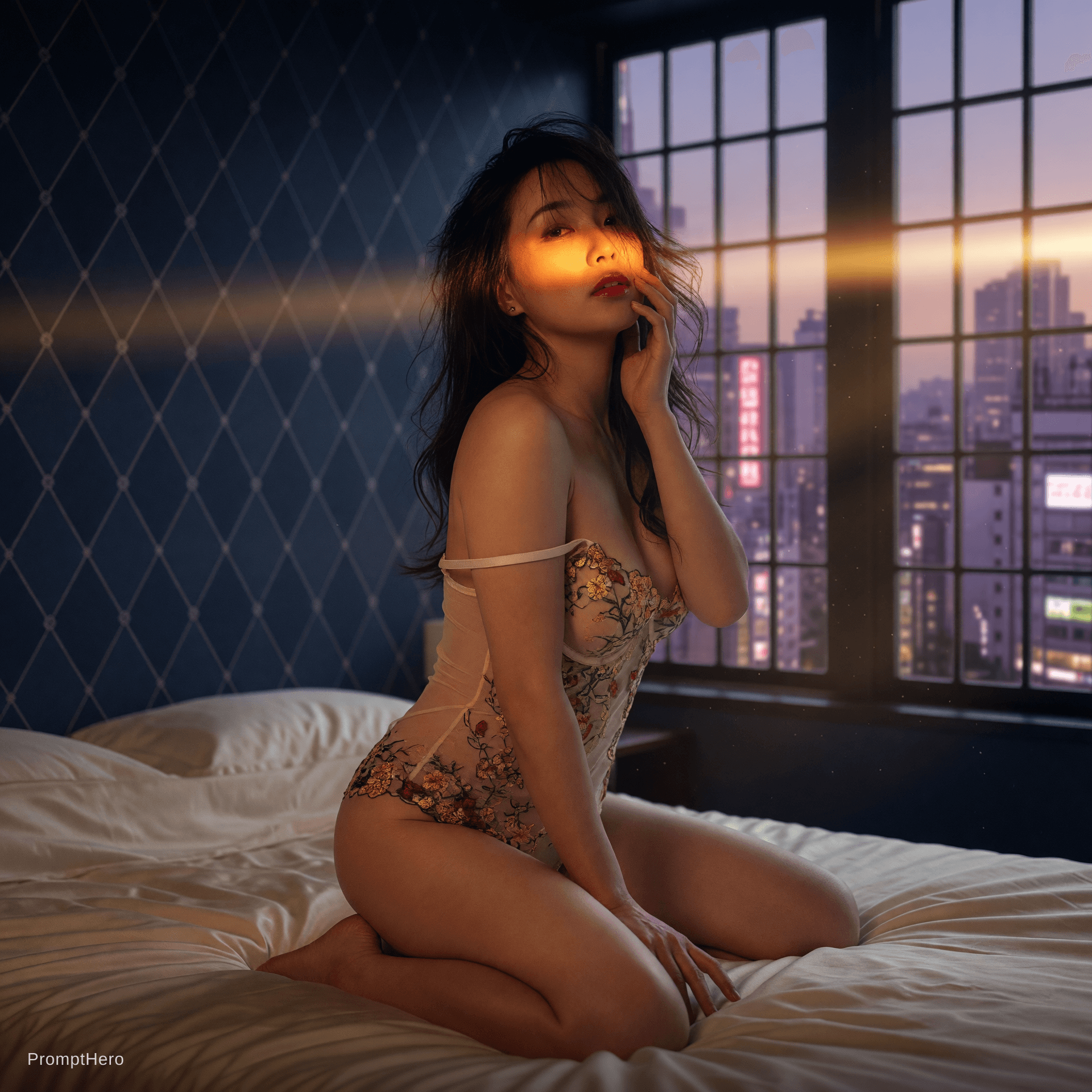 AI generated: A cinematic photorealistic boudoir portrait of a beautiful Asian woman kneeling on a bed. She is wea...