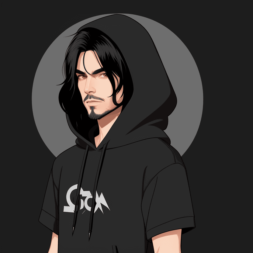 AI generated: Create 1 male character, solo, wearing Hoodie, small short beard, long straight black hair,  simple,...
