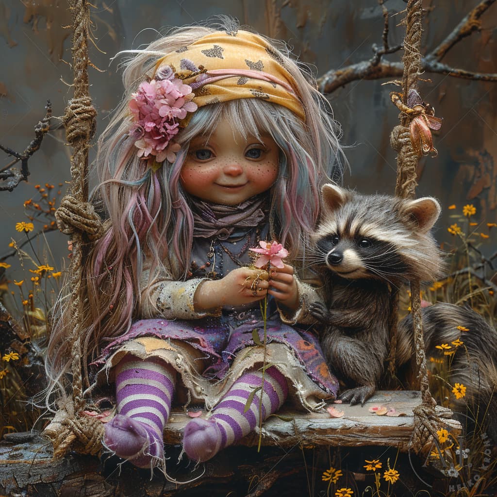 AI generated: A silly little troll girl with long messy pink hair, long eyelashes, small nose, yellow bandana with...