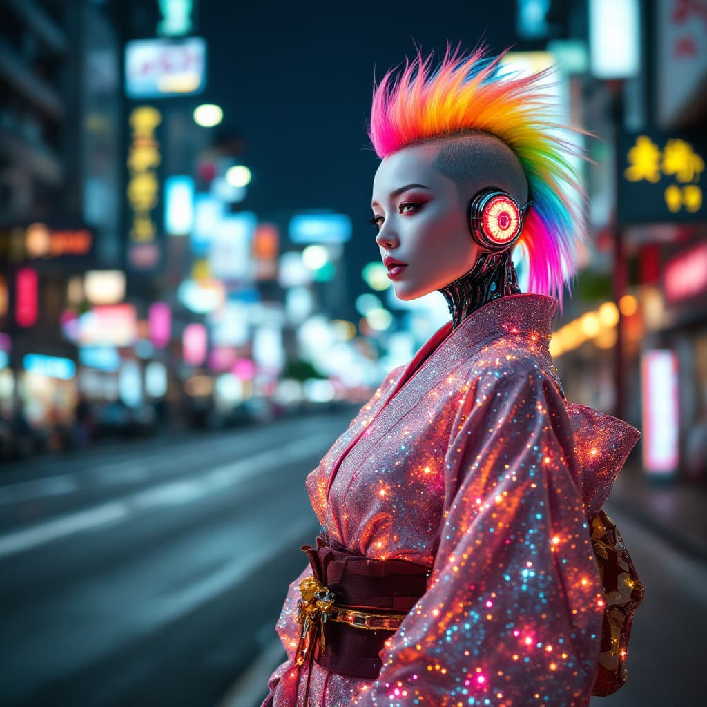 AI generated: Photo of an ultra-realistic full-body white woman in a sparkle neon kimono in robot style with a rai...
