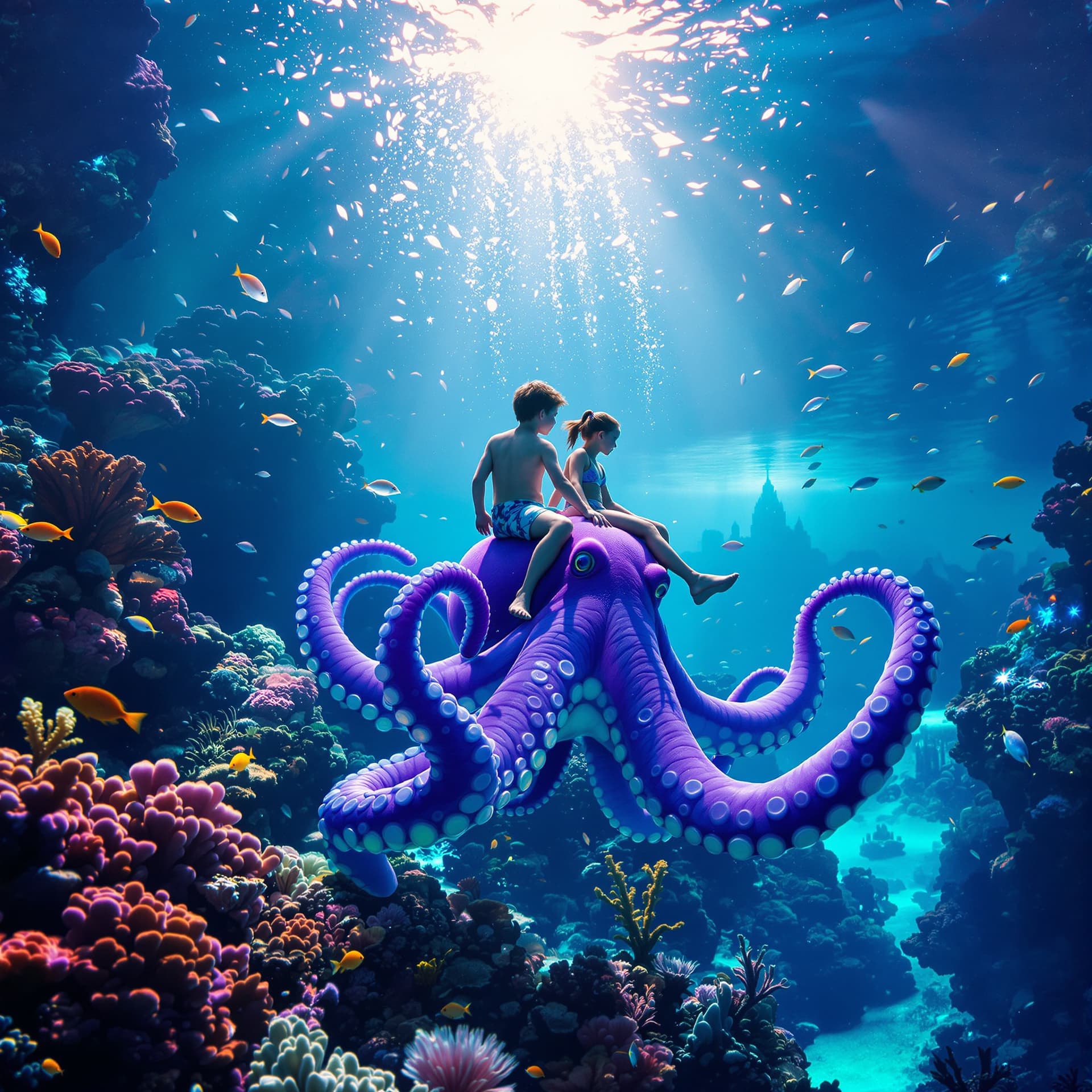AI generated: Surreal, psychedelic. A young boy and girl in bathing suits riding a purple octopus underwater with ...