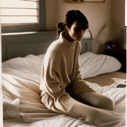 AI generated: The woman is seated on the bed with her knees pulled up close to her chest. She is barefoot and wear...