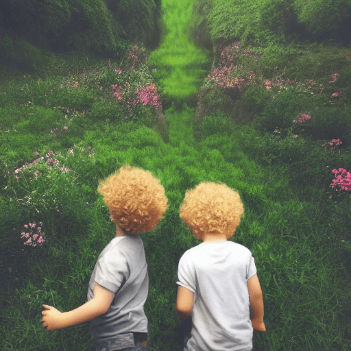 AI generated: Hyper realistic photo, 2 boys, blonde hair, blue eyes, girl, blond curly hair, black eyes playing, b...