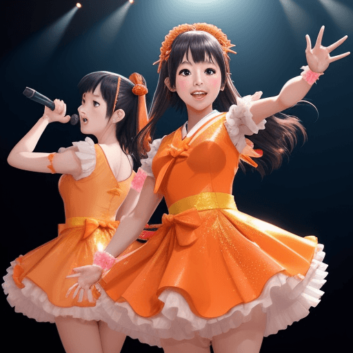 AI generated: Japanese animation style. Three Japanese beautiful girls. Japanese idol. live stage. Dress with an o...