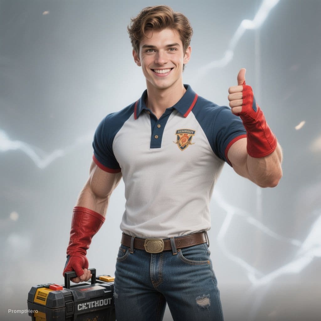 AI generated: High resolution character design from young electricist and full body, smiling, with left hand thumb...