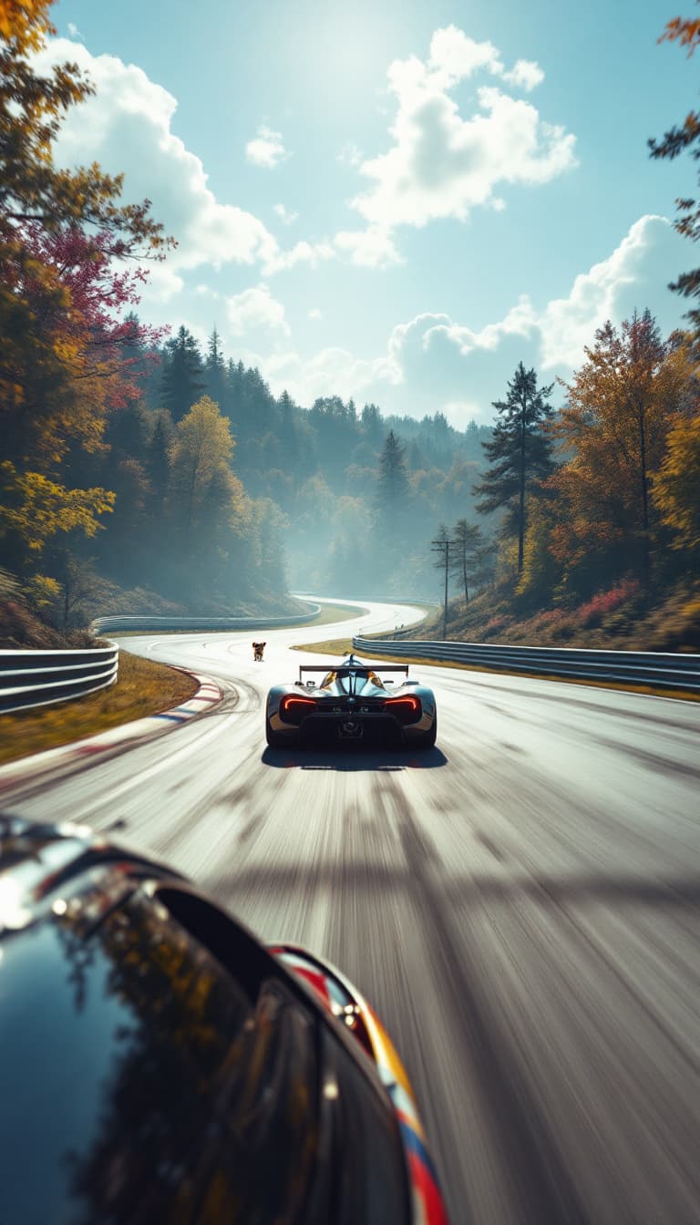 AI generated: Summer. The first racing car racing around the track on a bend.  From the car window, far around the...