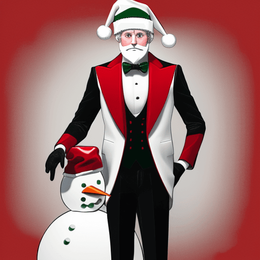 AI generated: make a human-like snowman in red and black 
emerald green, red, black, and white tailored suit with ...