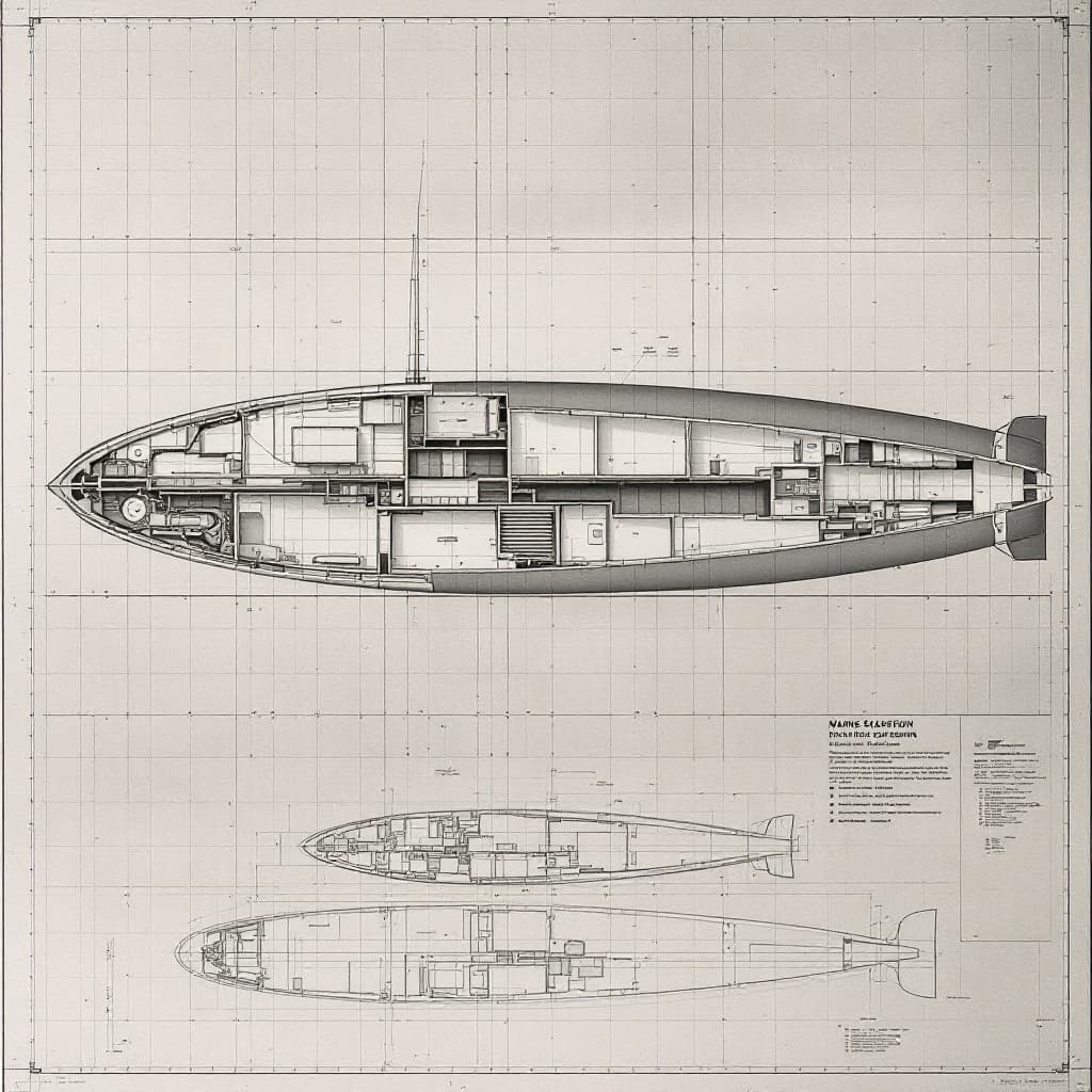 AI generated: “Blueprint of a submarine cross-section, labeled chambers and propulsion systems, precise marine eng...