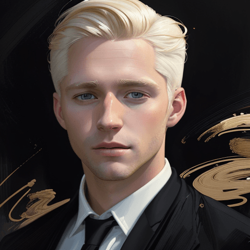 AI generated: new art : a white man 32 years old, blonde hair with dark jacket and no beard. satara by johnny tayl...