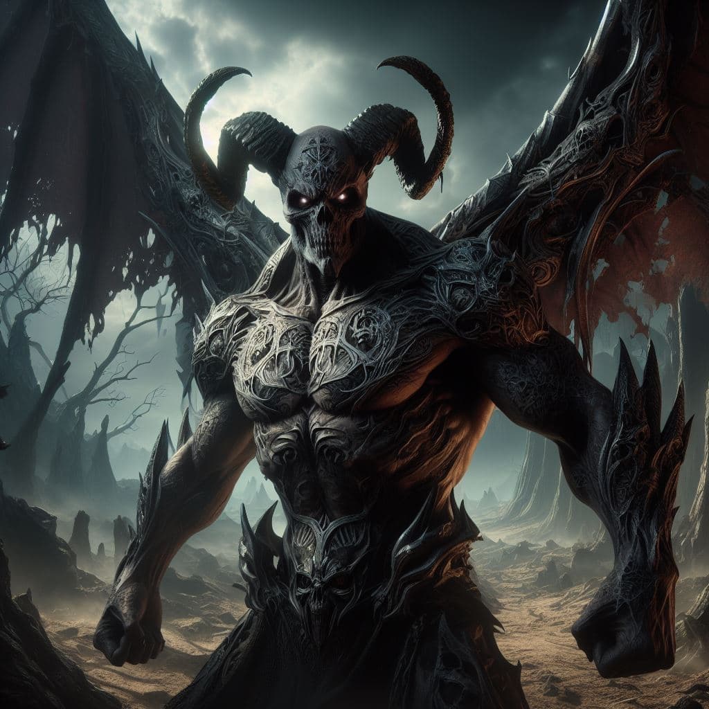 AI generated: Thanatos - Demonic emerges from the shadows, his wings spread wide and eyes glowing with malevolent ...