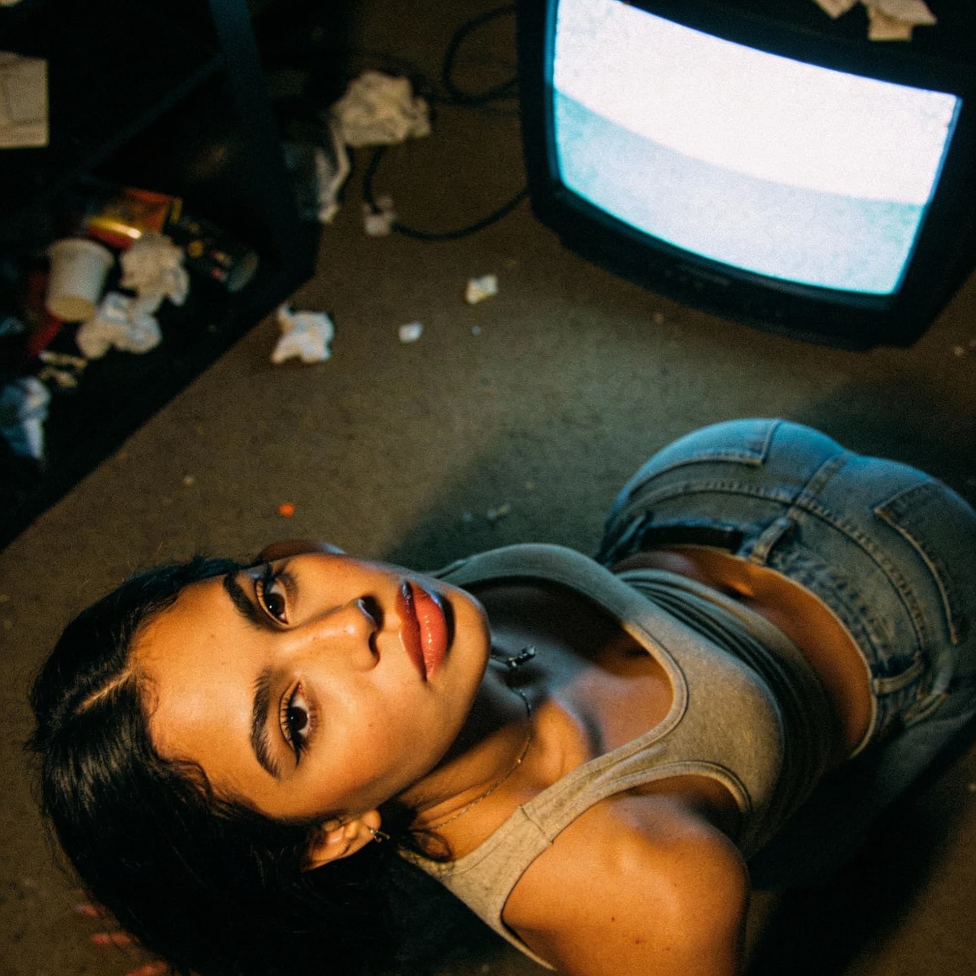 AI generated: Cute latina 25 year old, cute face, full pouty lips, dimly lit room, trashy room, prone, tiny waist,...