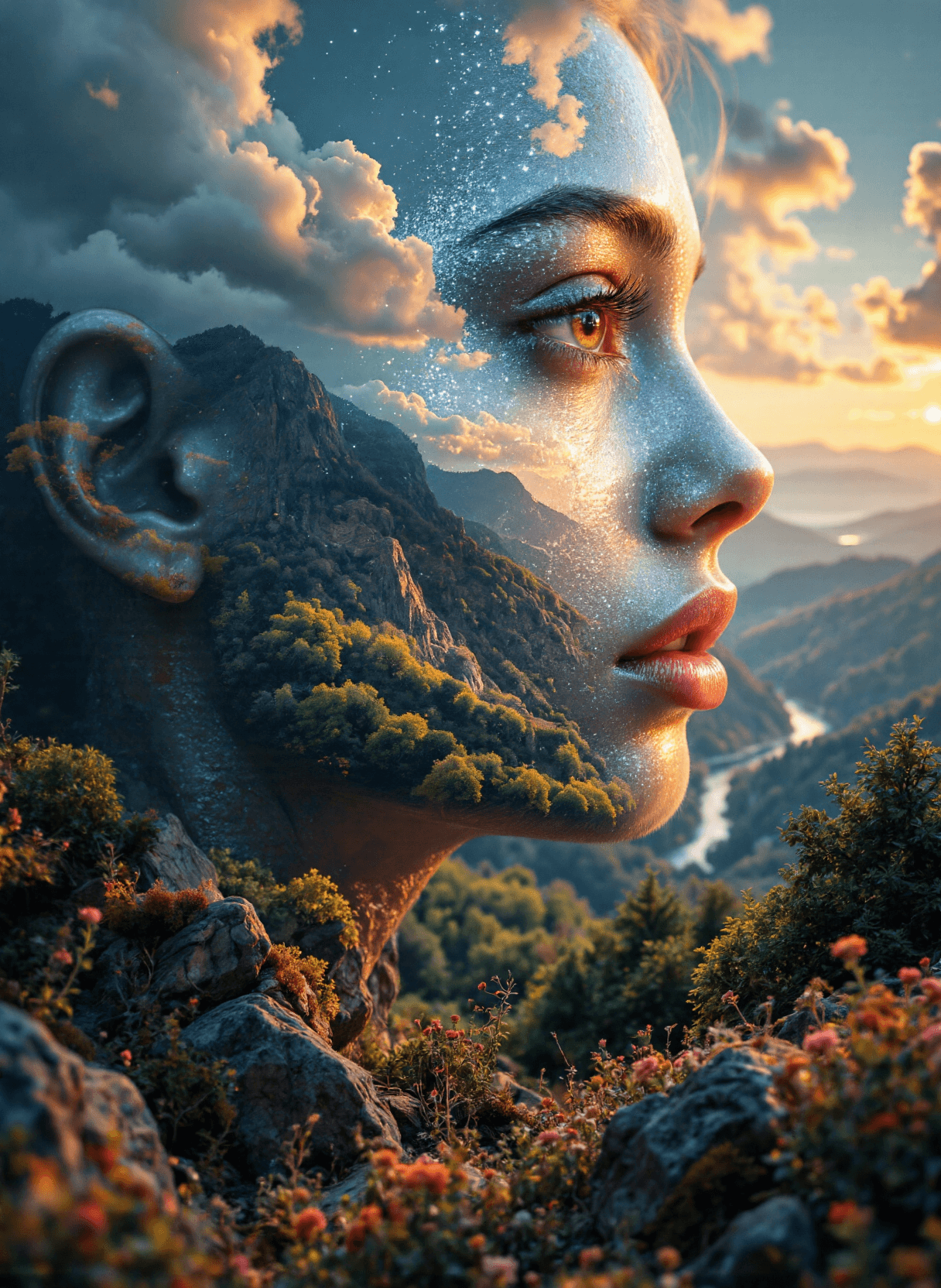 AI generated: The image is a surreal and artistic composition that combines elements of nature and human features....