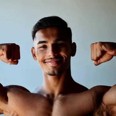 AI generated video: flexing both biceps and smiling