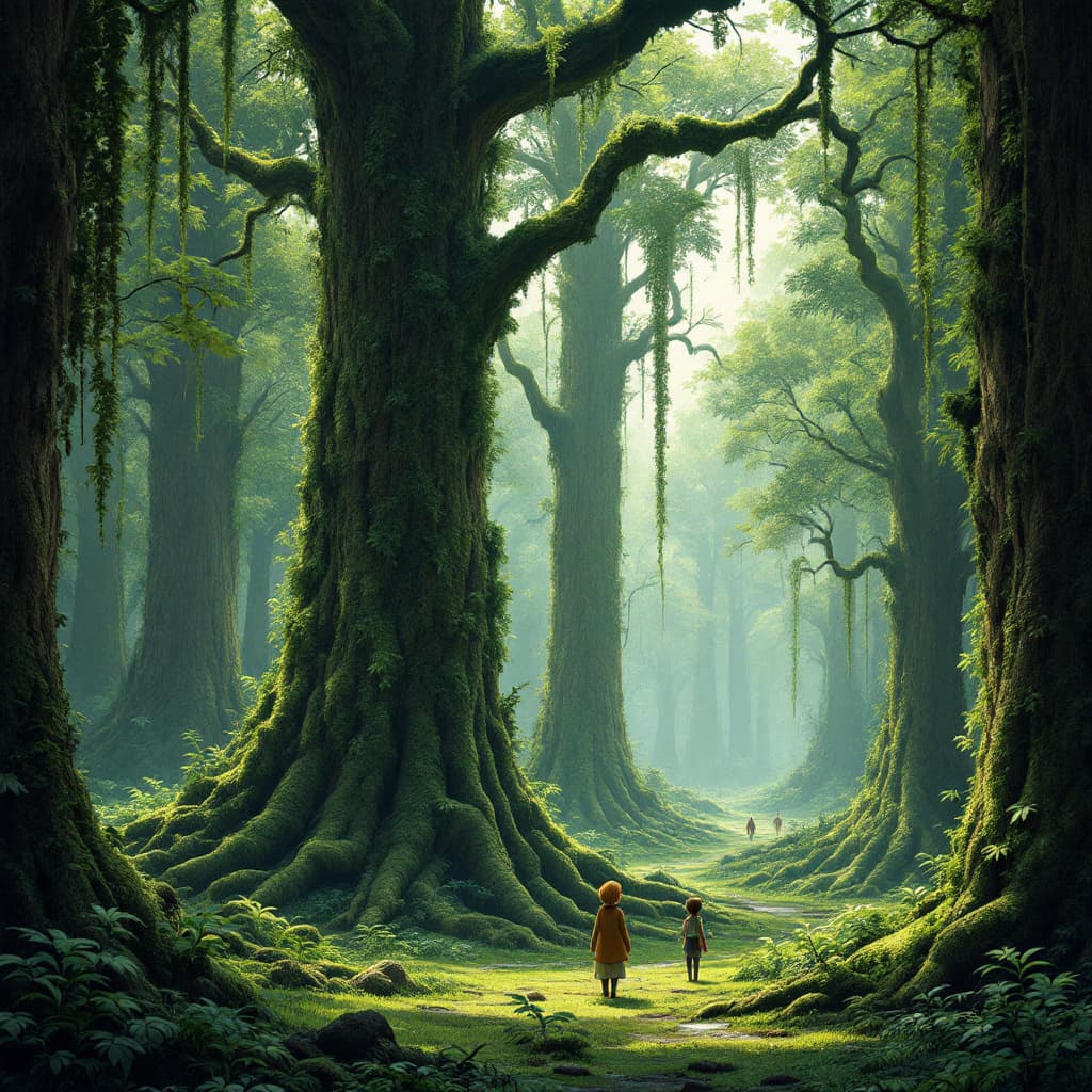 AI generated: exotic toxic forest, large tall trunks trees, hanging vines, moss by Miyazaki, Nausicaa Ghibli, Brea...