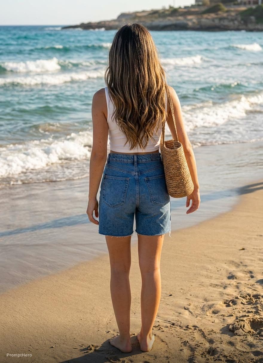 AI generated: The woman stands on a sandy beach with her back to the camera. She has long, wavy blonde hair that c...