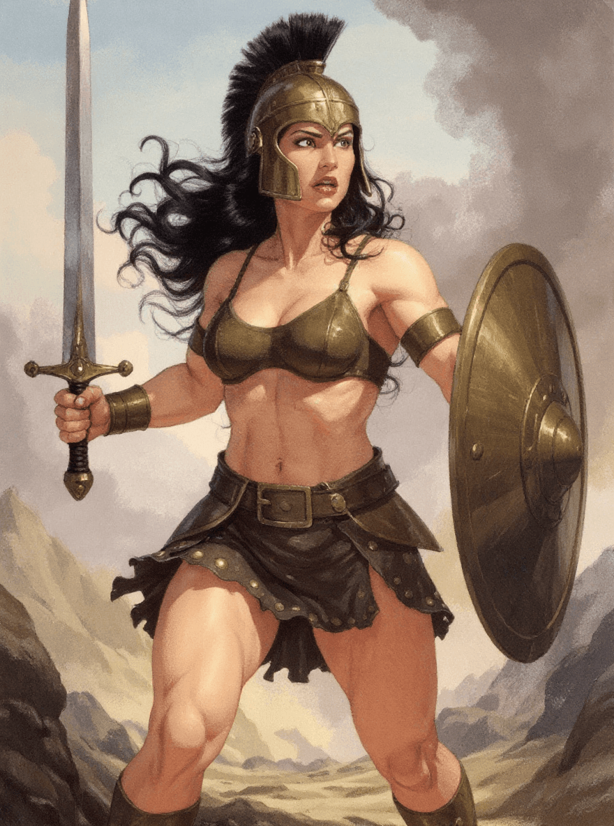 AI generated: Comic book realistic illustration, full body shot of a young gorgeous Spartan woman with thick aesth...