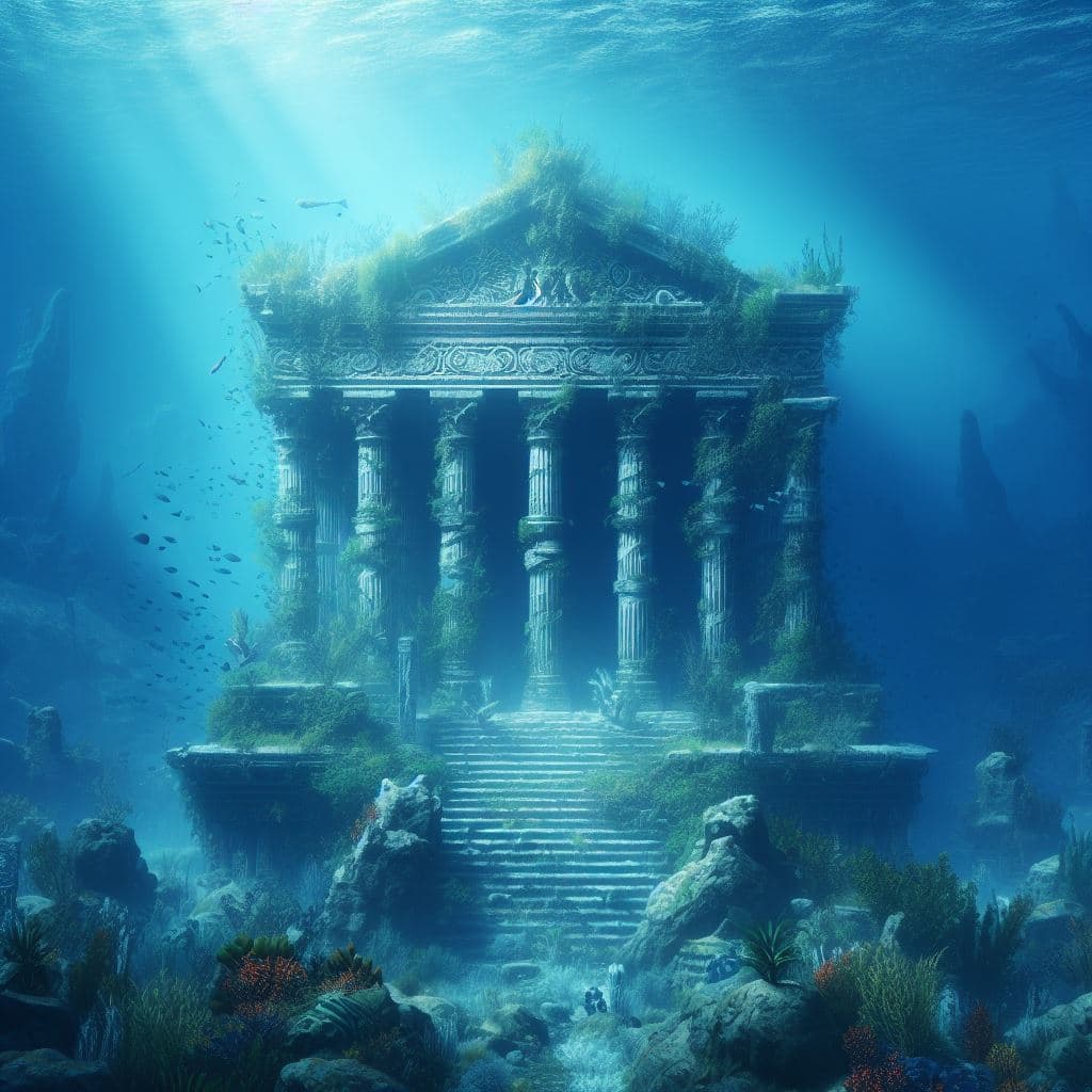 AI generated: an ancient ruin underwater, very detailed and beautiful, mystique