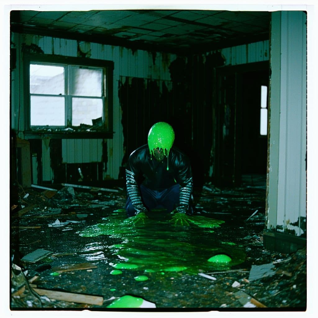 AI generated: grainy 80's photograph quality polaroid of king slime suicide caught in an abandoned house, dark