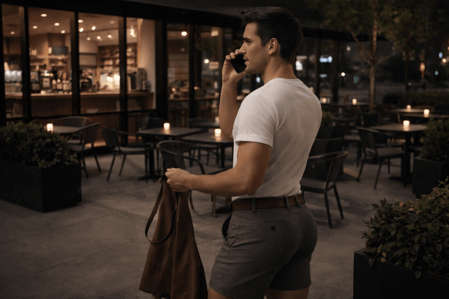 AI generated: At night. The model is a barista at a big coffee shop. The coffee shop is empty. The coffee shop has...