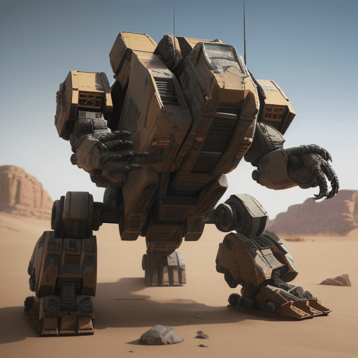 AI generated: mechwarrior battle with bird legs ,electronics,same t-rex ,in desert with rocks and stones,machinegu...
