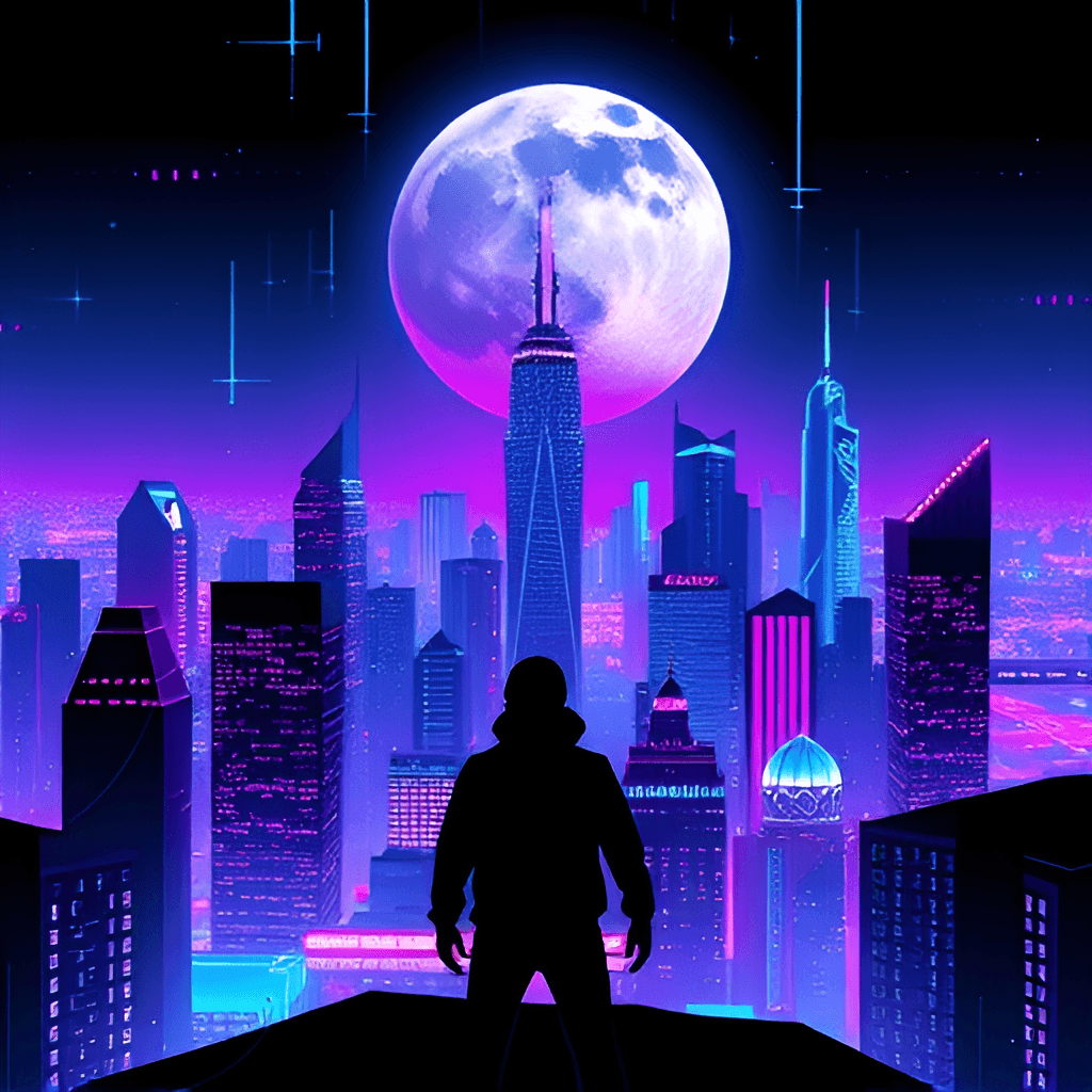 AI generated: T-shirt design: a bold and dynamic t-shirt graphic featuring a futuristic city skyline at night, wit...
