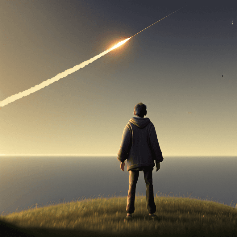AI generated: a highly detailed matte painting of a man on a hill watching a rocket launch in the distance by stud...