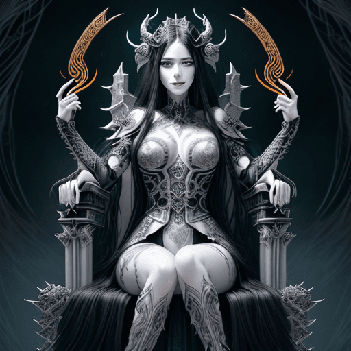 AI generated: detailed beautiful goddess Hel with long black hair, pale white skin, detailed eyes, sitting on the ...