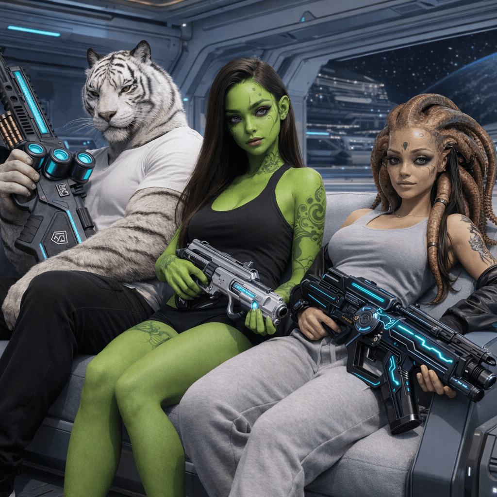 AI generated: Create an image where all the charactes are casually holding the reference weapons in a pose. Change...