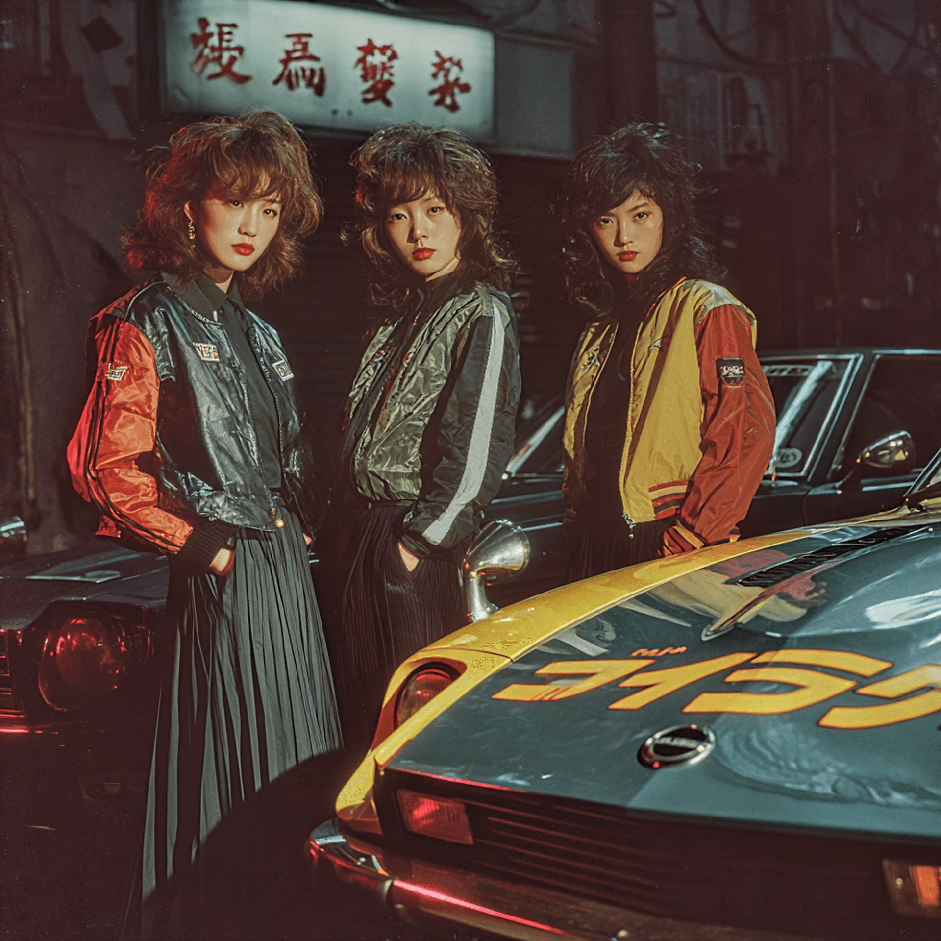 AI generated: three stylish Japanese women, 1980s Tokyo street fashion, big teased retro hair, bold makeup, colorf...