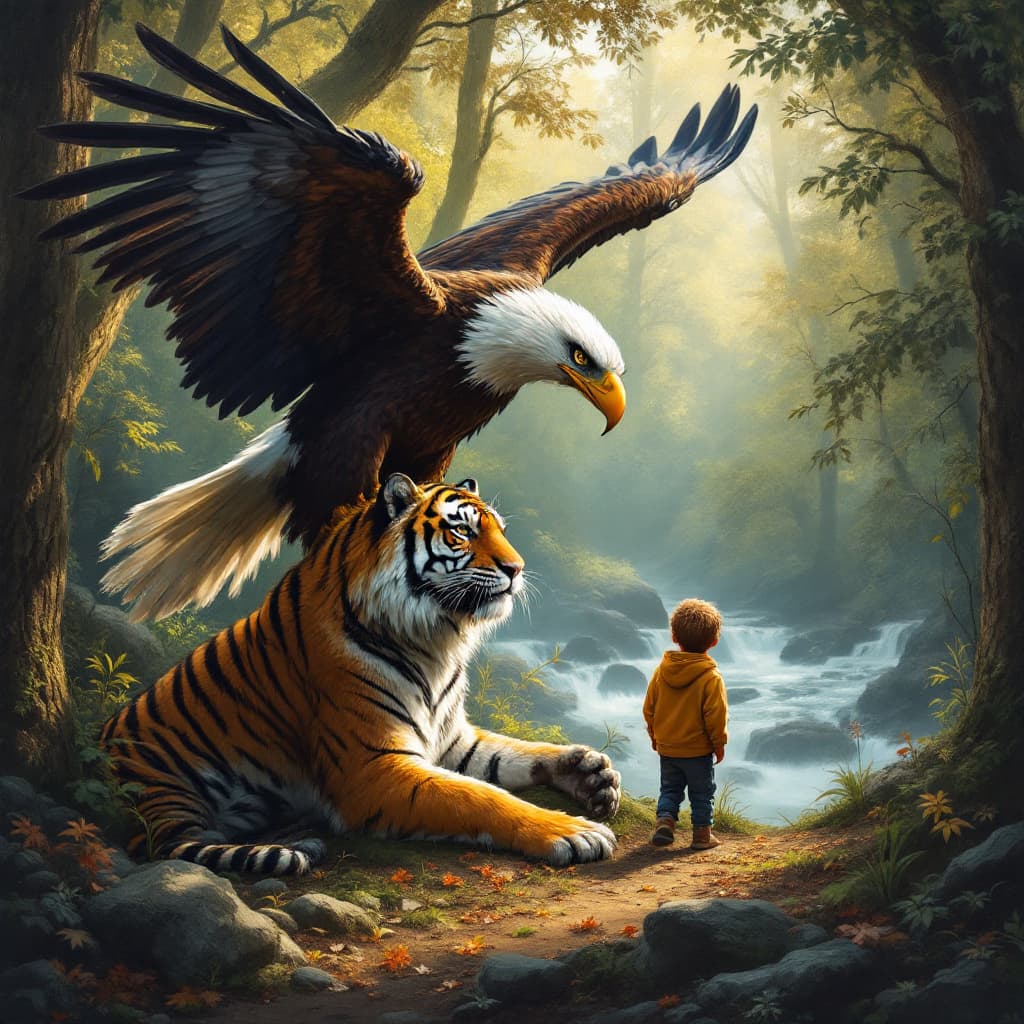 AI generated: Eagle and tiger and son in forest 