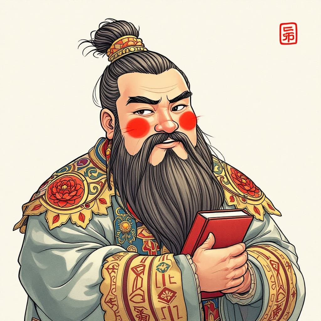 AI generated: Draw a lovely image of Guan Shengdijun, the Chinese god of strength and wealth. Give it a red round ...